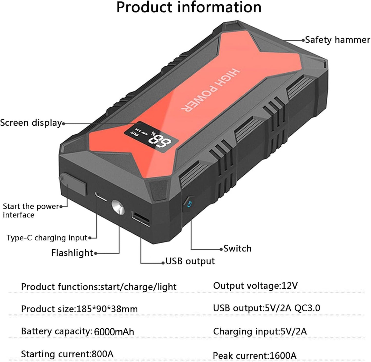 🔋 Car Battery Jump Starter – Portable Power Bank with USB Fast Charger & LED Flashlight 🚗